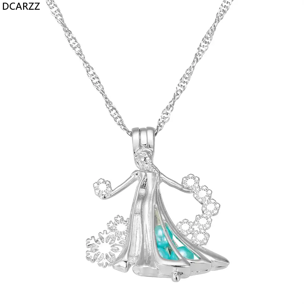 elsa pearl cage necklace silver snowflake cartoon princess