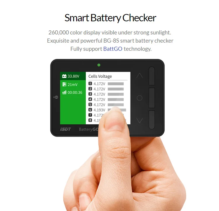 Hot ISDT BattGo BG-8S Smart Battery Checker Balancer Receiver Signal Tester Quick Charge Function
Hot ISDT BattGo BG-8S Smart Battery Checker Balancer Receiver Signal Tester Quick Charge Function