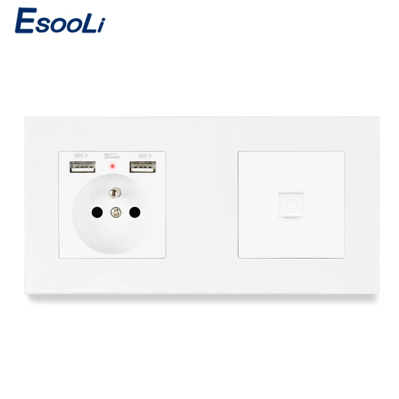ESOOLI French Standard Electric Socket with 2 USB Charge Port +1 Gang RJ11 Telephone Connector PC Plastic Panel 172*86mm | Обустройство