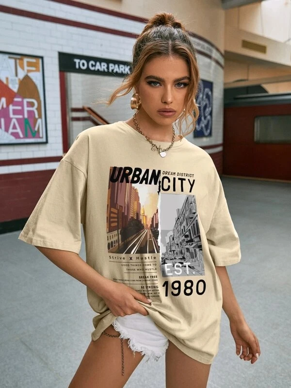 

Vintage City Print Vintage Fashion T-Shirt Women Slogan Graphic Shoulder Tee Tumblr Shirt Grunge Clothes