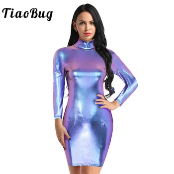 Women Shiny Metallic Holographic High Neck Long Sleeves Bodycon Sexy Mini Dress Nightclub Party Festival Rave Pole Dance Costume
Women Shiny Metallic Holographic High Neck Long Sleeves Bodycon Sexy Mini Dress Nightclub Party Festival Rave Pole Dance Costume