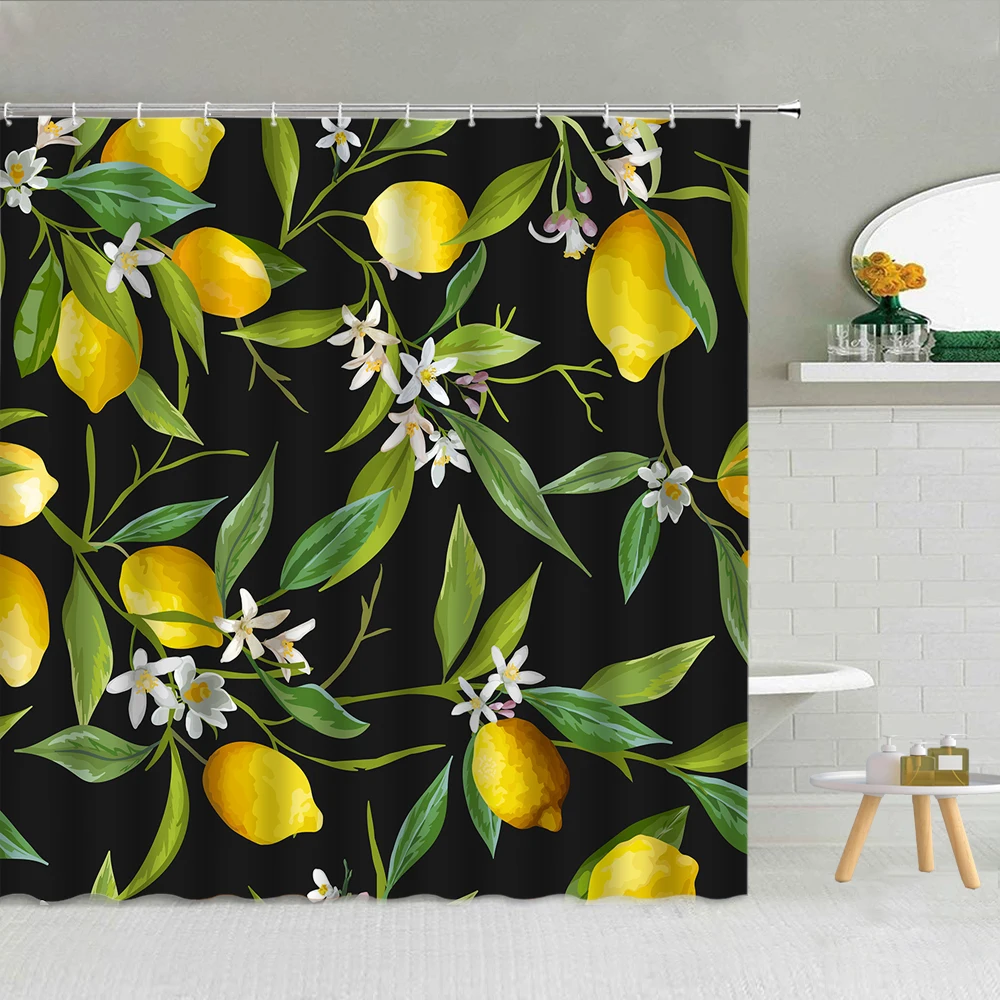 

Tropical Fruit Lemon Green Leaf Shower Curtain Pineapple Fabric High Quality Bathroom Supplies Decor With Hooks Cloth Curtains