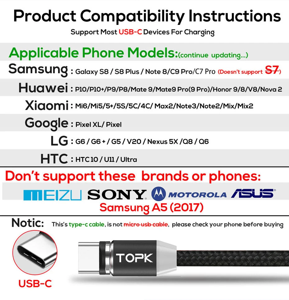 TOPK AM23 LED Magnetic USB Cable,Magnet Charger & USB Type C Cable & Micro USB Cable & Mobile Phone Cable foriPhone 11 X 8 7Plus