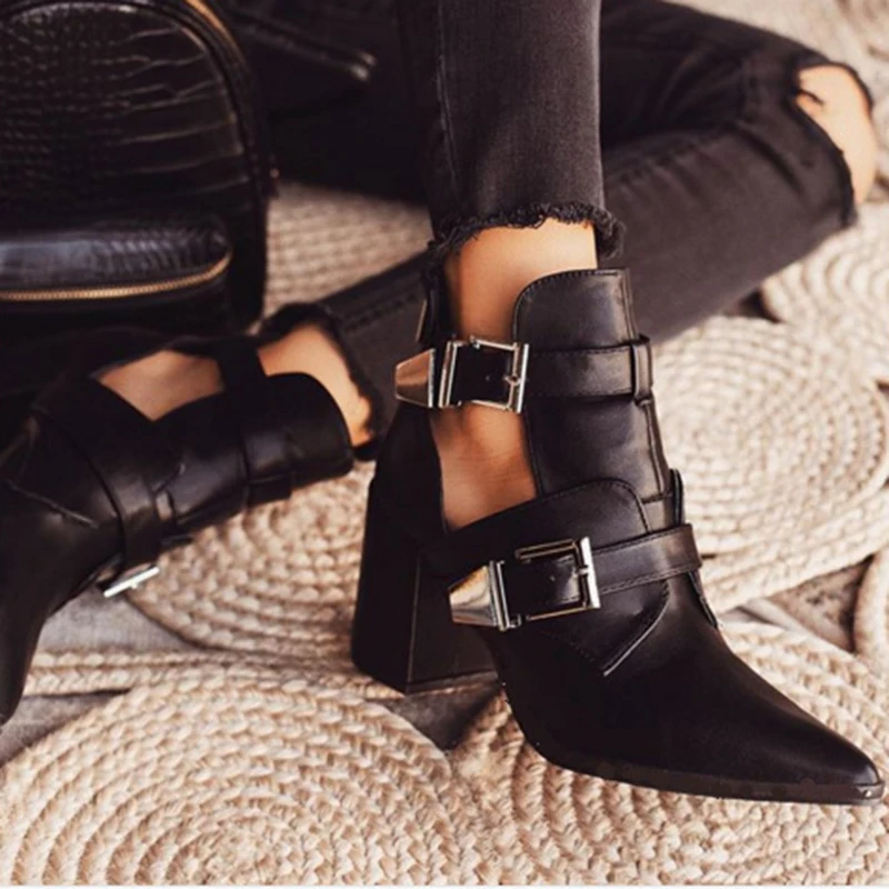 

Big Size cutout chunky heels martin botte woman brand double-breasted motorcycle booties autumn punk pointed toe leather botines