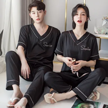 Summer Couple Pajamas Set Men Women Short Sleeve Long Pants Sleepwear Satin Sleepwear pijama pyjama
Summer Couple Pajamas Set Men Women Short Sleeve Long Pants Sleepwear Satin Sleepwear pijama pyjama