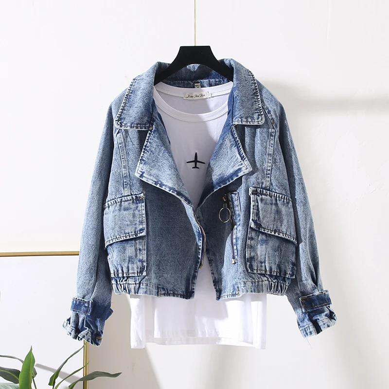Spring Autumn Vintage Zipper Frayed Solid Big pocket Denim jacket Women Korean Plus size Casual Short Jeans jacket Ropa de mujer
Spring Autumn Vintage Zipper Frayed Solid Big pocket Denim jacket Women Korean Plus size Casual Short Jeans jacket Ropa de mujer