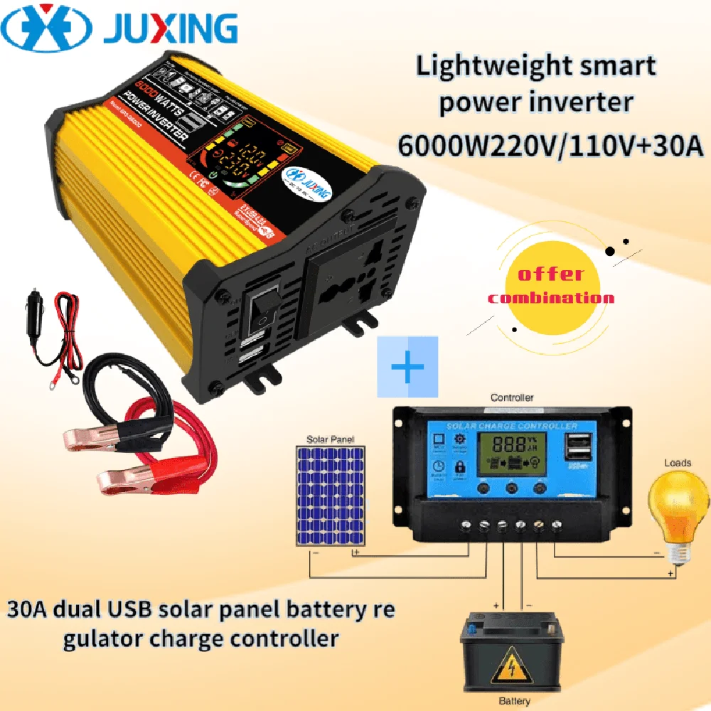 JUXING Converter Kit: Power Inverter Voltage Transformer DC 12V to AC 110V/220V with Dual USB + 30A Solar Controller Use for Car
JUXING Converter Kit: Power Inverter Voltage Transformer DC 12V to AC 110V/220V with Dual USB + 30A Solar Controller Use for Car