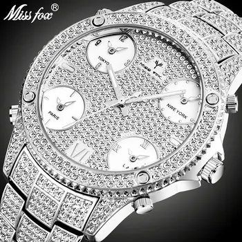 

MISSFOX 51MM Huge Dial 5 Time Zone Mens Watches Top Luxury Brand Male Clock Quartz Watch Icd Large Men Business Iced Out Watch