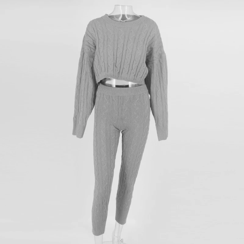 Knitted 2 Piece Set Women Long Sleeve Crop Tops And Long Pants Knitted 2 Piece Set Women Long Sleeve Crop Tops And Long Pants