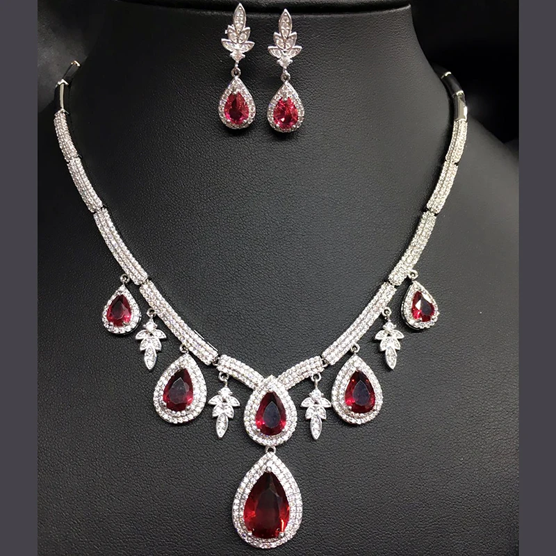 High Quality Water Drop Five AAA Cubic Zirconia Crystal Red Necklace And Earrings Bridal Jewelry Set For Wedding
High Quality Water Drop Five AAA Cubic Zirconia Crystal Red Necklace And Earrings Bridal Jewelry Set For Wedding