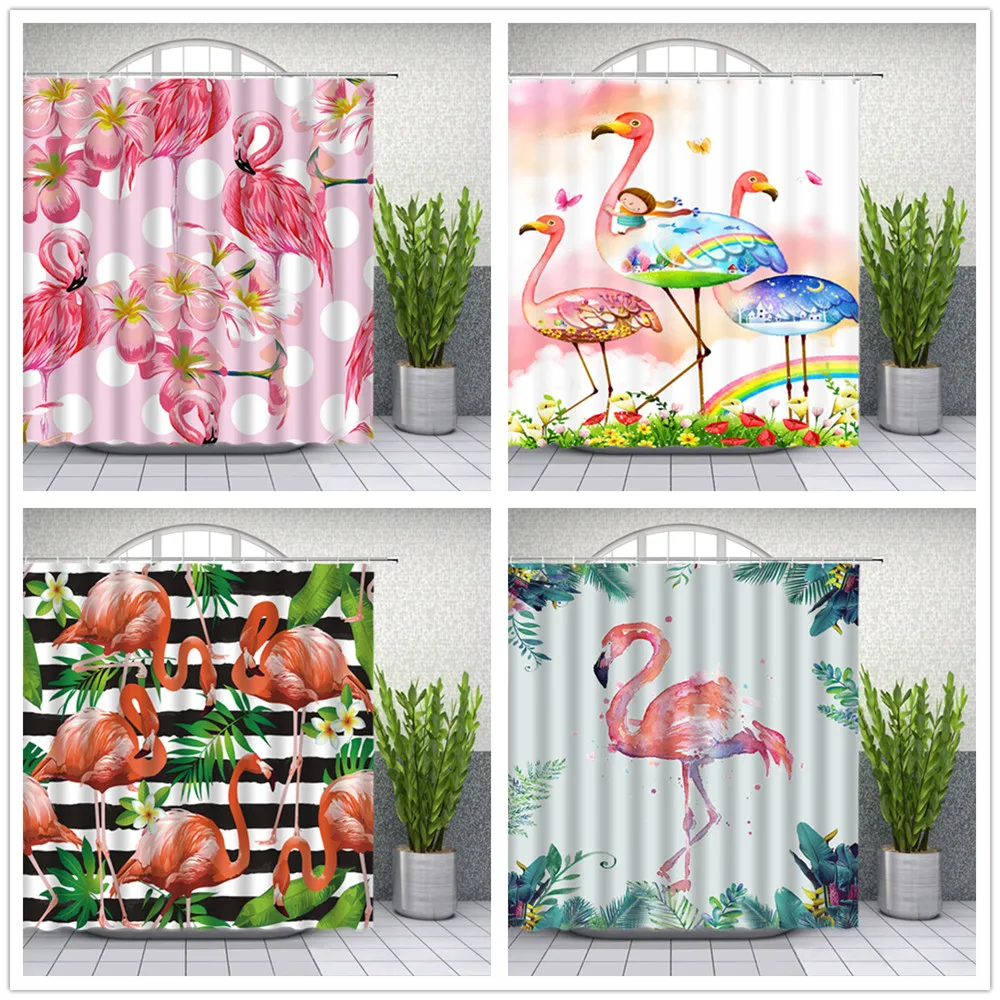 

Water Color Pink Flamingo Flower Shower Curtains Tropical Floral Plant Leaf Bathroom Decor Bathtub Waterproof Hang Curtain Set