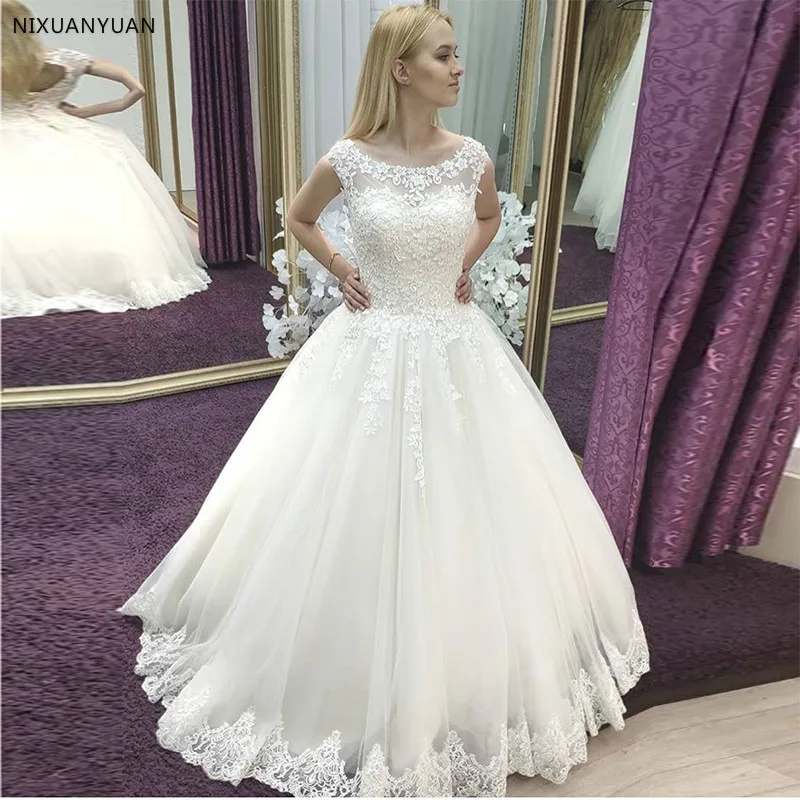 Elegant-Full-Length-Wedding-Dress-Cap-Sleeves-White-Ivory-Princess-Ball-Gown-Bridal-Dress-Appliques-Lace_2
