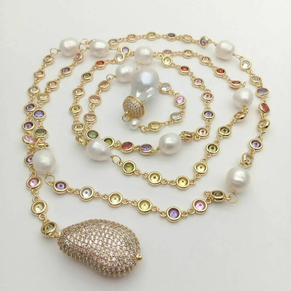 Cultured White Keshi Coin Pearl Cz Connector Necklace 22"