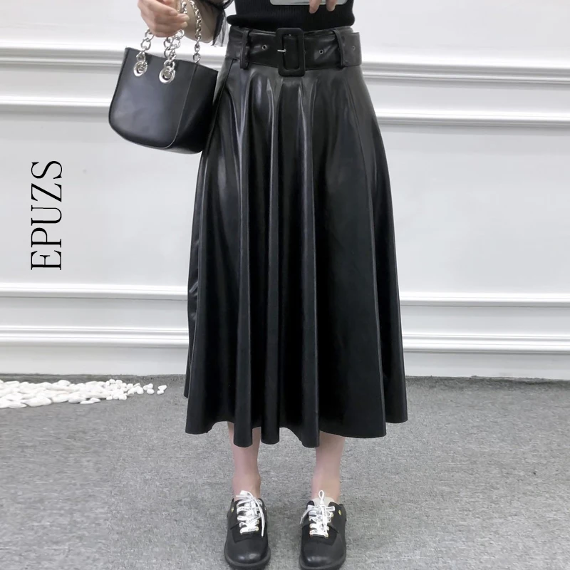 Зимняя длинная юбка woemn винтажные черные юбки из искусственной кожи женская