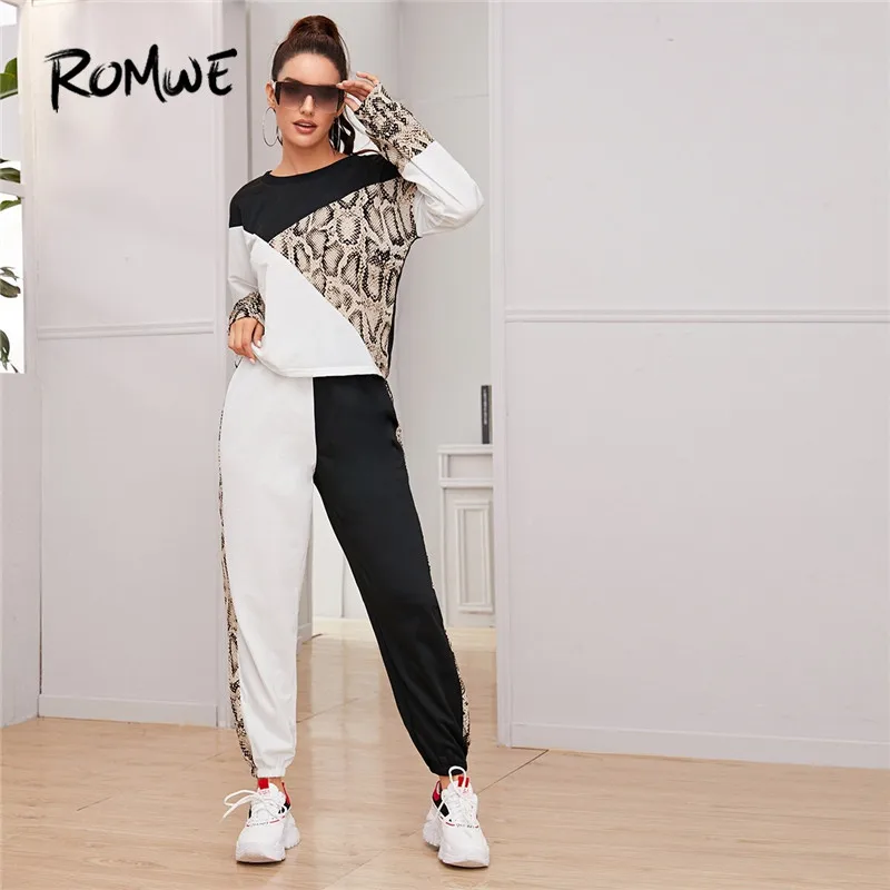 

Romwe Sporty Contrast Snake Print Sweatshirt With Colorblock Sweatpants Women Round Neck Long Sleeve Top 2 Piece Set Tracksuit