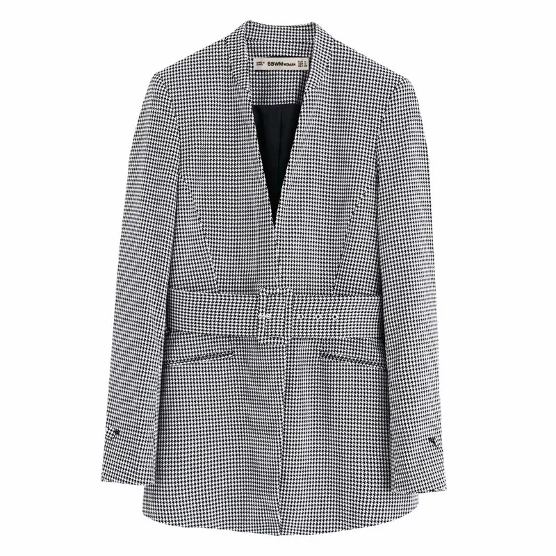 WT967 European Women's V Neck With Belt Small Plaid Houndstooth Autumn Blazer 
WT967 European Women's V Neck With Belt Small Plaid Houndstooth Autumn Blazer