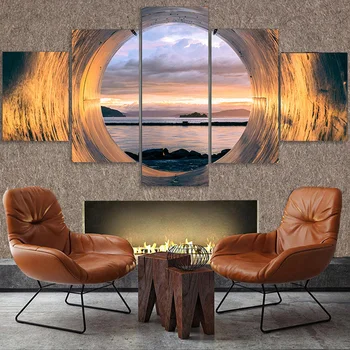 벽 예술 페인팅 모듈식 포스터, 모던 홈 장식, 5 패널 풍경 일몰 바다 전망 프레임, 거실 캔버스 인쇄 사진