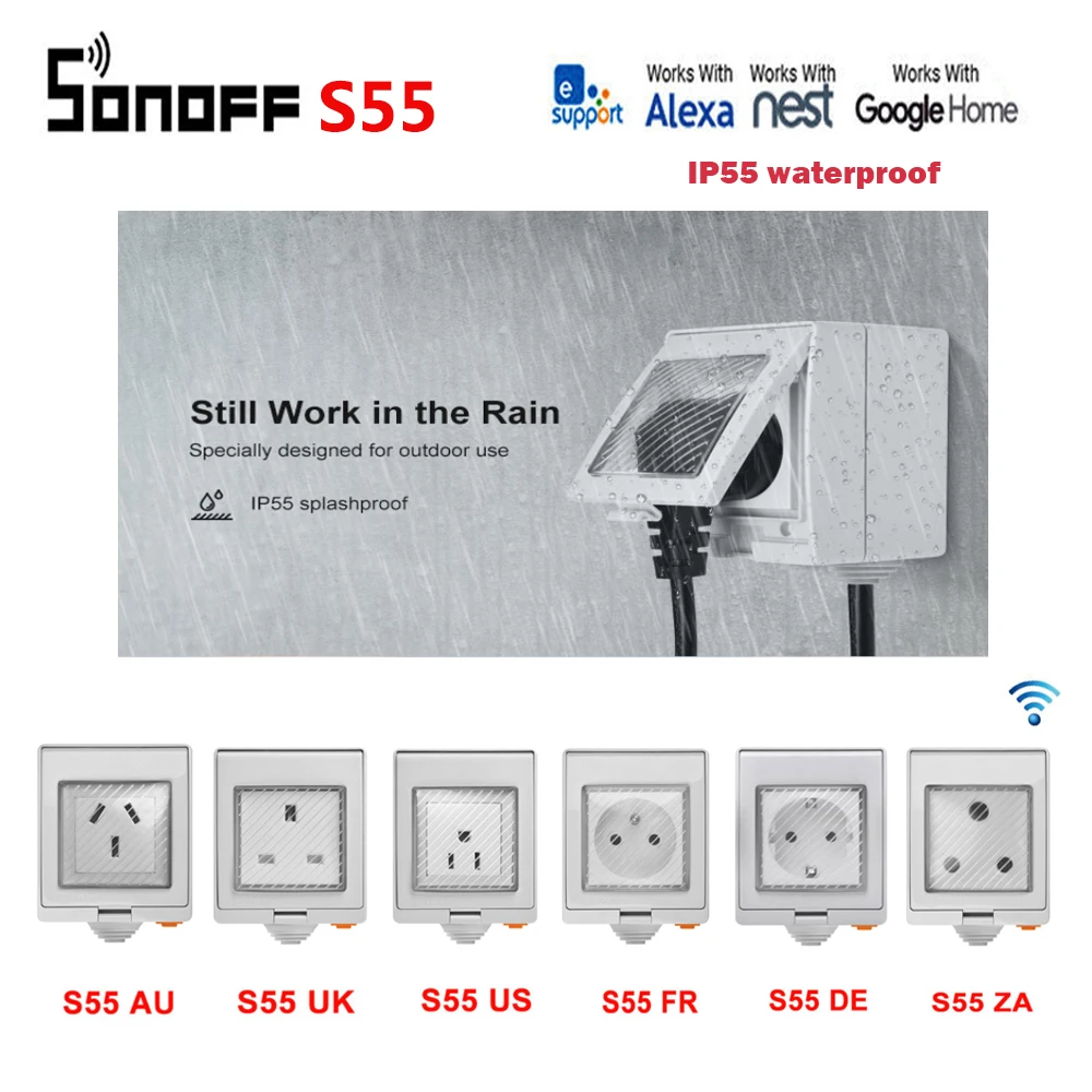 SONOFF S55 Wi-Fi Smart Socket IP55 waterproof for outdoor use work with Amazon Alexa Google home IFTTT remote control by ewelink
SONOFF S55 Wi-Fi Smart Socket IP55 waterproof for outdoor use work with Amazon Alexa Google home IFTTT remote control by ewelink