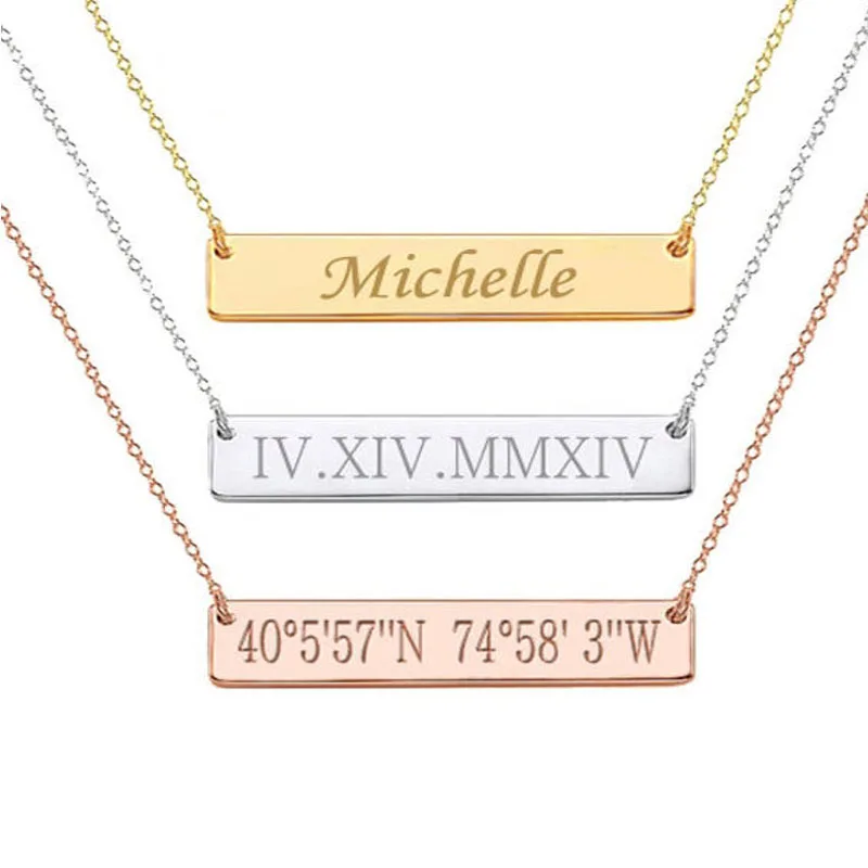 Bar Necklace, custom nameplate, wedding date, coordinates, Roman numeral necklace, 925 silver and 18K gold plated jewelry
Bar Necklace, custom nameplate, wedding date, coordinates, Roman numeral necklace, 925 silver and 18K gold plated jewelry