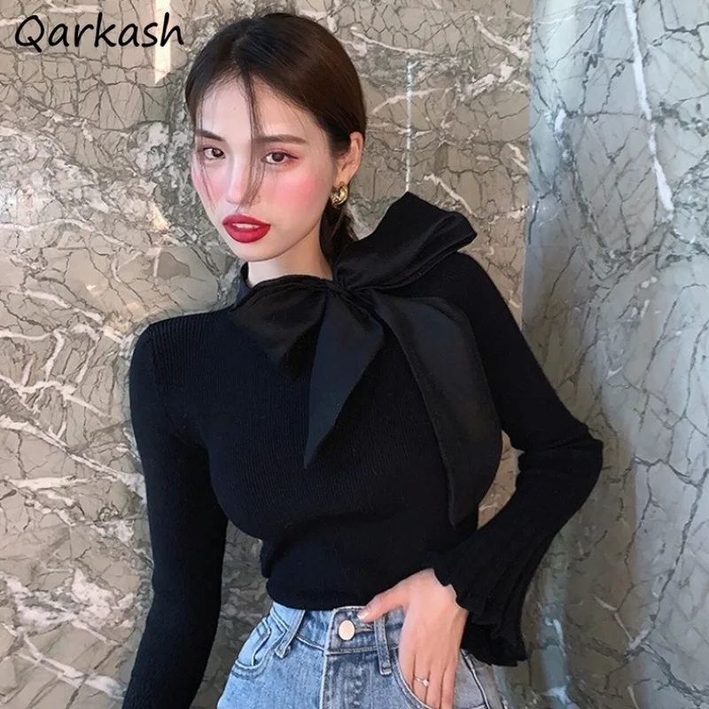 

T-shirt Women New Autumn Bow Design Temperament Slim Knit Flare Sleeve Tees Ulzzang All-match Fitness Simple Clothes College Top