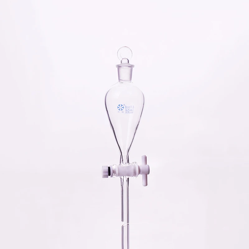 Separatory funnel pear shape,with ground-in glass stopper and stopcock.Capacity 50ml,PTFE switch valve
Separatory funnel pear shape,with ground-in glass stopper and stopcock.Capacity 50ml,PTFE switch valve