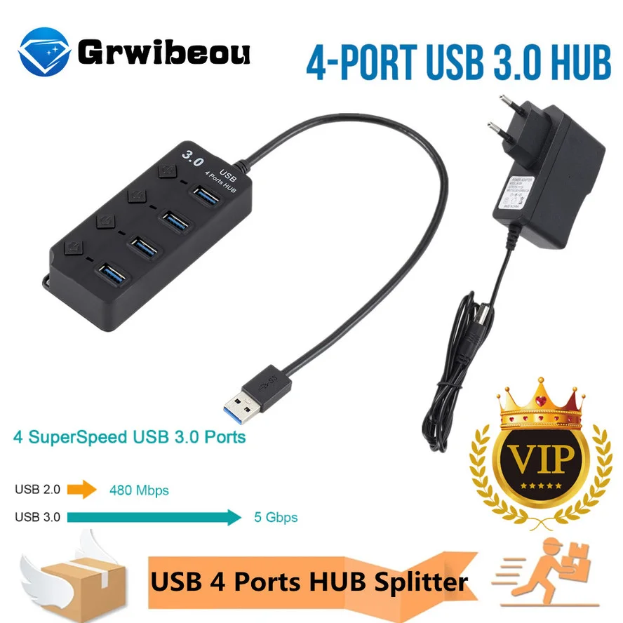 

Usb-хаб Высокоскоростной 4-портовый USB 2,0 3,0 разветвитель концентратора ВКЛ./ВЫКЛ. С адаптером питания EU/US для MacBook ноутбуков и ПК с индикатором