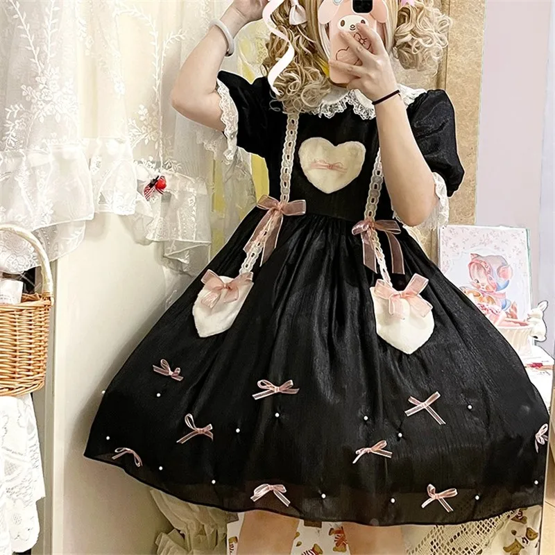 

Sweetheart Girl Loli Op Daily Wear Lovely Girl Sweet Lolita Dress Short Sleeve Summer Tea Party Kawaii Cosplay Gothic Black Pink