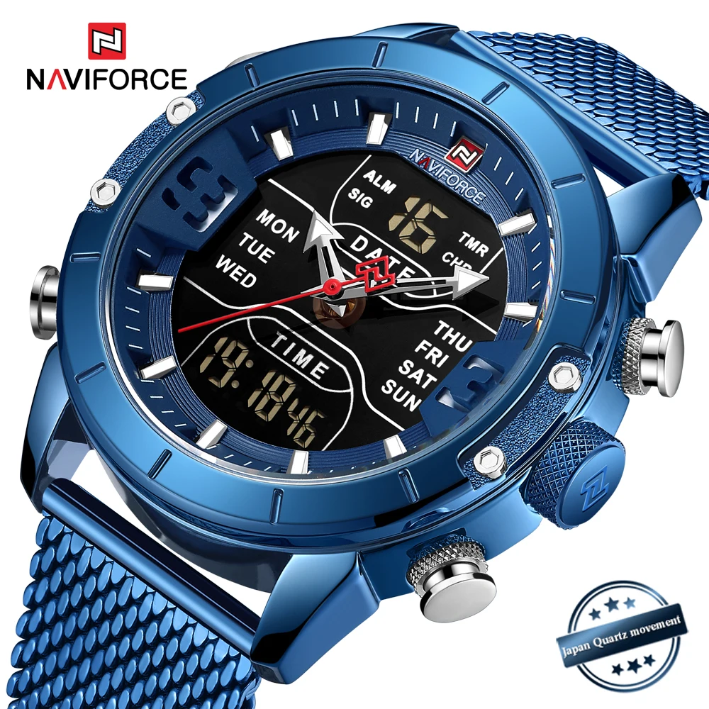 

NAVIFORCE Топ люксовый бренд часы Мужские Бизнес Синий нержавеющая сталь кварцевые наручные часы мужские военные светодиодный цифровые спортивные часы