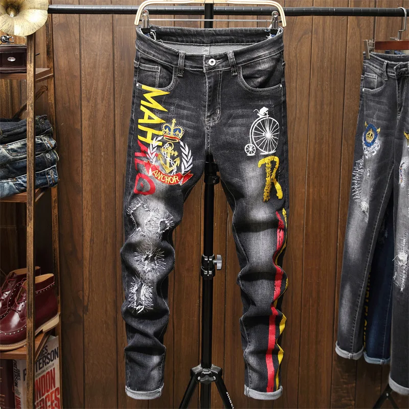 

Hot Selling Origional Design with Holes Patch Embroidery Men's pencil pants Elasticity Printed Jeans