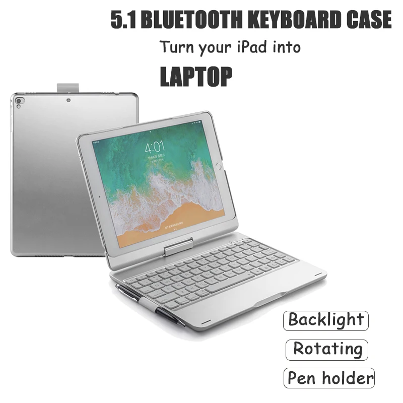 5.1 Bluetooth Wireless Keyboard case for New iPad/iPad pro/Air2/Air1, 360 Rotating + 7 Colors Backlight+ iPad pencil holder
5.1 Bluetooth Wireless Keyboard case for New iPad/iPad pro/Air2/Air1, 360 Rotating + 7 Colors Backlight+ iPad pencil holder