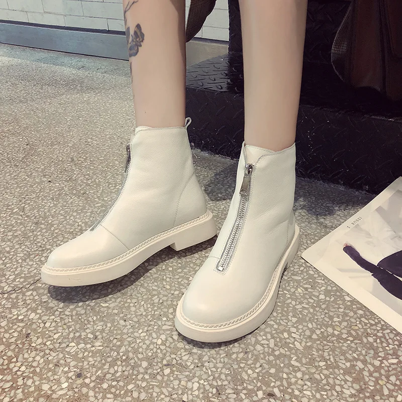 

2020 Autumn Winter New Genuine Leather Martin Boots Women Shoes Front Zipper Ankle Low Heel Cotton Warm Chelsea Cowhide Goth