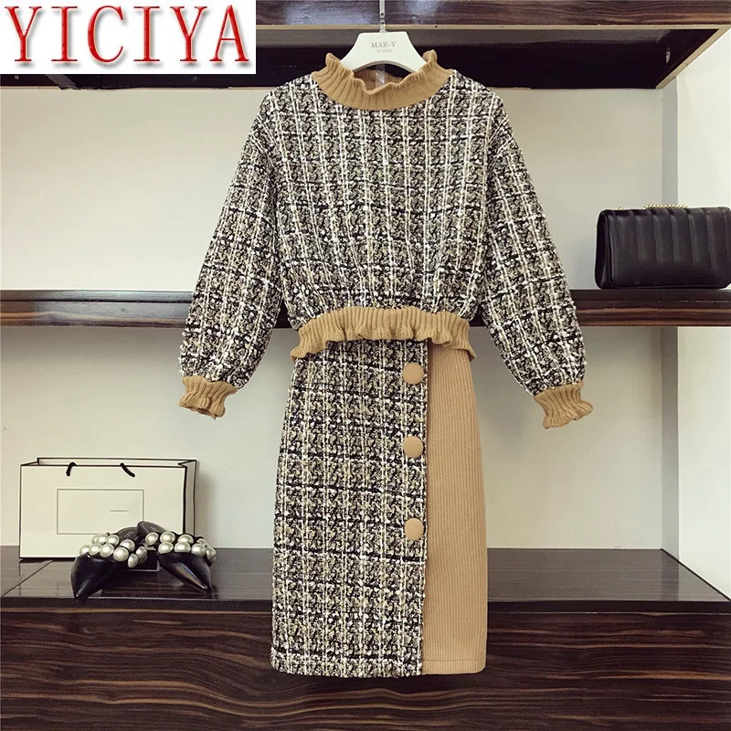 Fall Winter Tweed 2 Piece Set knitted Half Turtleneck Ruched Patchwork Tops and Woolen Skirt Elegant Plaid Pullover Skirt Set
Fall Winter Tweed 2 Piece Set knitted Half Turtleneck Ruched Patchwork Tops and Woolen Skirt Elegant Plaid Pullover Skirt Set