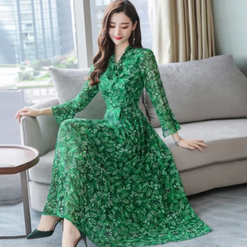 High Quality Plus Size S-3XL 2020 Autumn Spring Green Bow Flare Sleeve Flower Printed Woman Long Chiffon Dress DA860 | Женская одежда