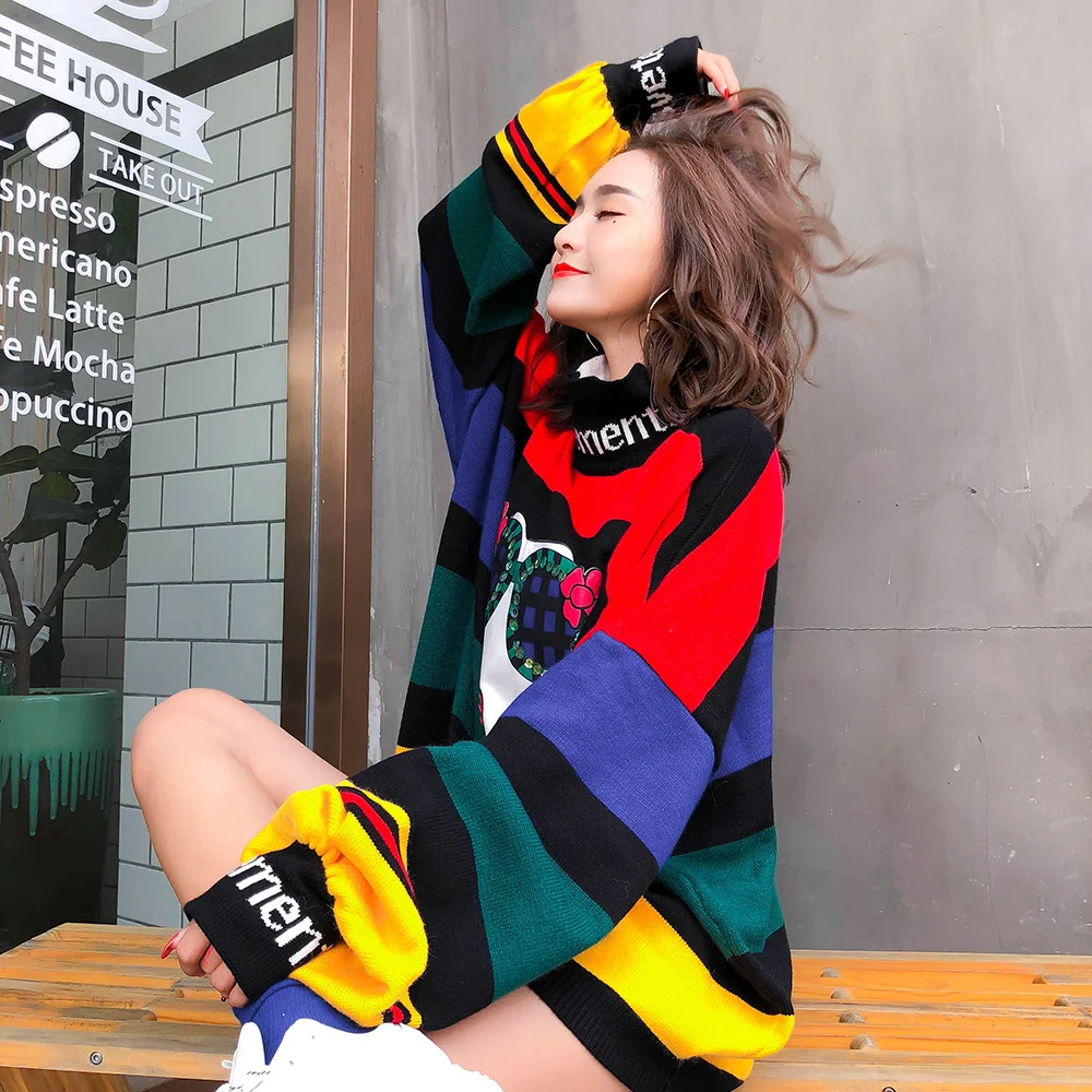 2020 Rainbow Color Striped Sweater Women Jumpers Pullovers Casual Tops Long Sleeve Turtleneck Knitted Sweaters pull femme
2020 Rainbow Color Striped Sweater Women Jumpers Pullovers Casual Tops Long Sleeve Turtleneck Knitted Sweaters pull femme