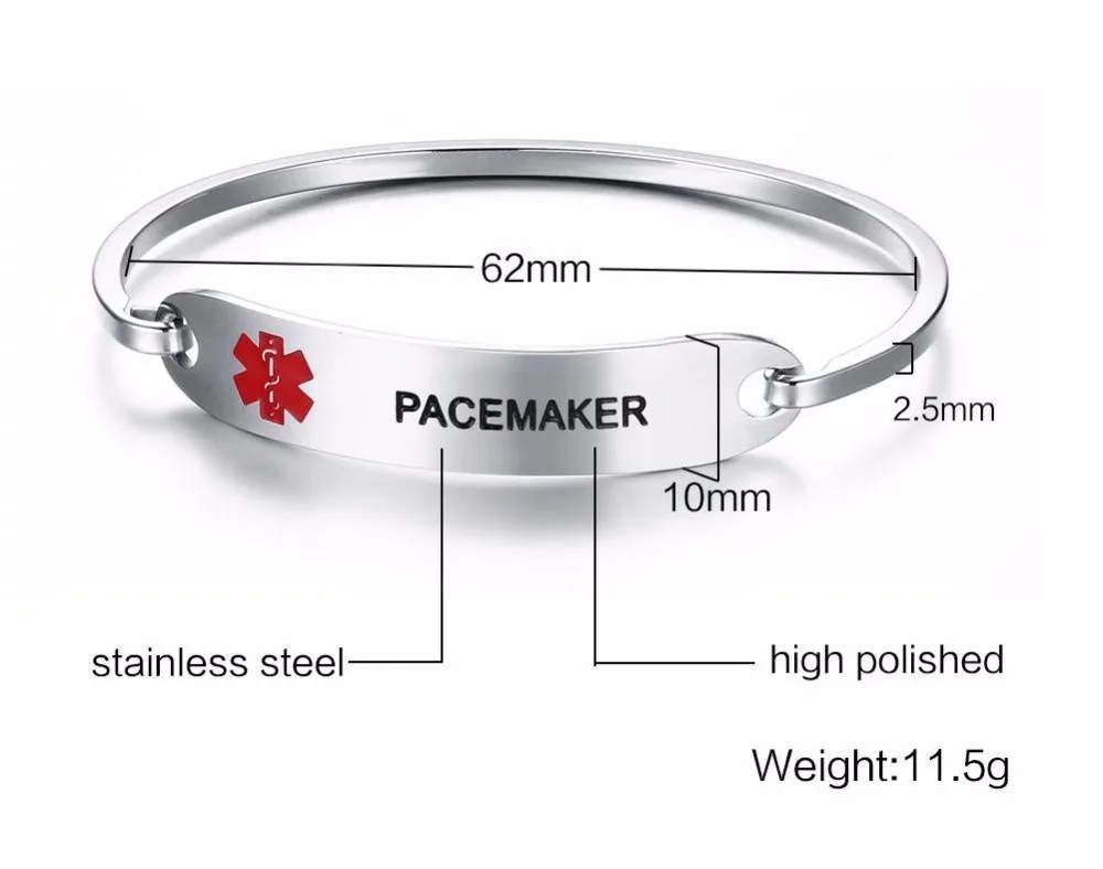 women Stainless Steel Medical Alert ID Bangle Bracelet Silver PACEMAKER 14