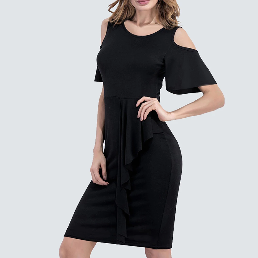 

Summer Sexy Shoulders Bodycon Peplum Black Women Casual Cut Out Flare Sleeve Ruffles Stylish Party Dress HB396