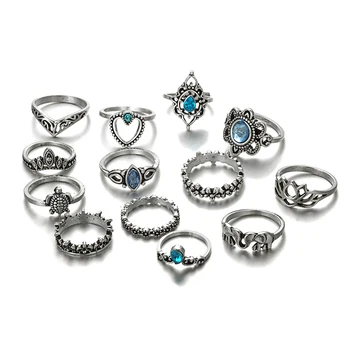 13 Pcs/Set Punk Ring Elephant Turtle Heart Flower Crown Gem Crystal Silver Joint Ring Female Fashion Party Ring Set Bohemian Rin 
13 Pcs/Set Punk Ring Elephant Turtle Heart Flower Crown Gem Crystal Silver Joint Ring Female Fashion Party Ring Set Bohemian Rin