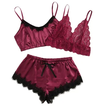 3PCS pajamas Women Lace Bra Stain Silk Sexy Lace Bra Camisole Pajamas Sleepwear Shorts Lingerie pajamas Set Домашняя одежда
3PCS pajamas Women Lace Bra Stain Silk Sexy Lace Bra Camisole Pajamas Sleepwear Shorts Lingerie pajamas Set Домашняя одежда