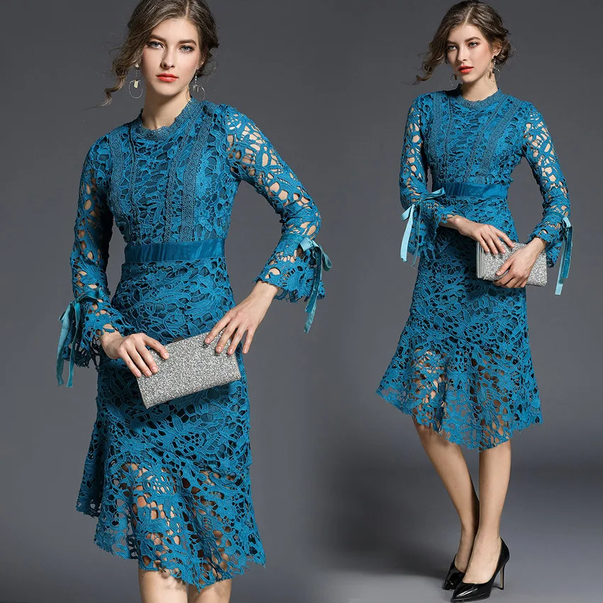 

2018 Early Autumn Women's Dress Slim Fit Sheath Bell Sleeve Irregular Flounced Fishtail Hollow out Water Soluble Lace Dress