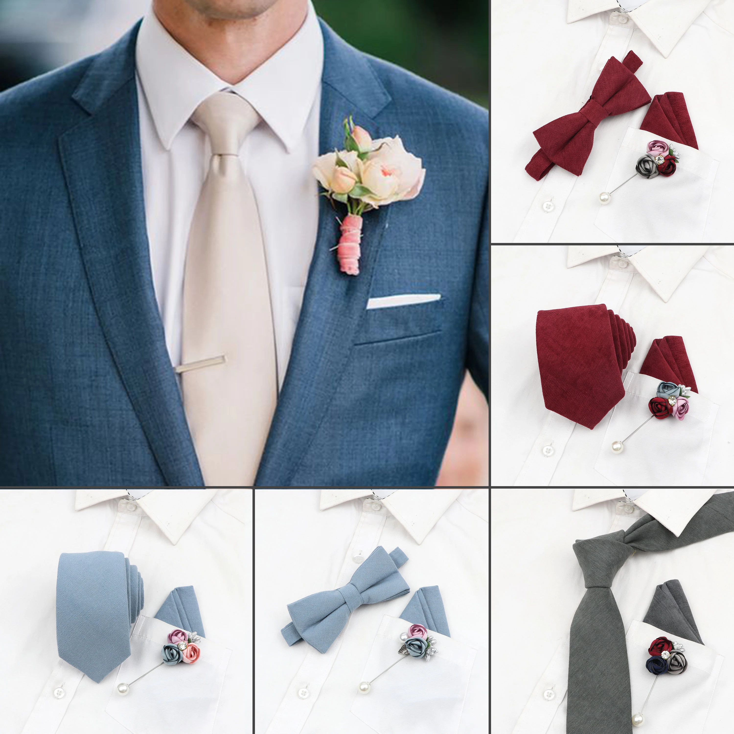 

Solid Color 7cm Cotton Tie Bowtie Rose Brooch handkerchief Set Mens Romantic Wedding Party Tuxedo Suit Gift Cravat Accessory