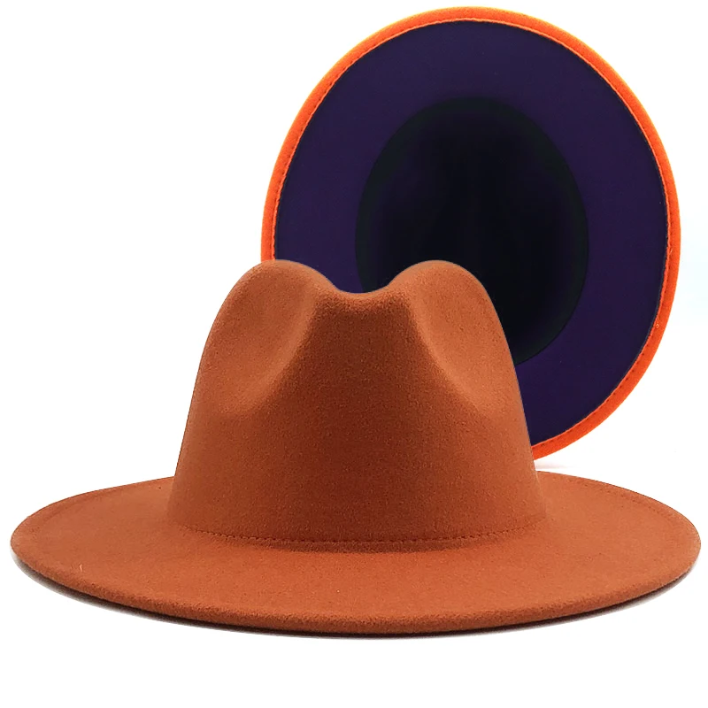 

Simple Outer orange Inner purple Wool Felt Jazz Fedora Hats with Thin Belt Buckle Men Women Wide Brim Panama Trilby Cap 56-58CM