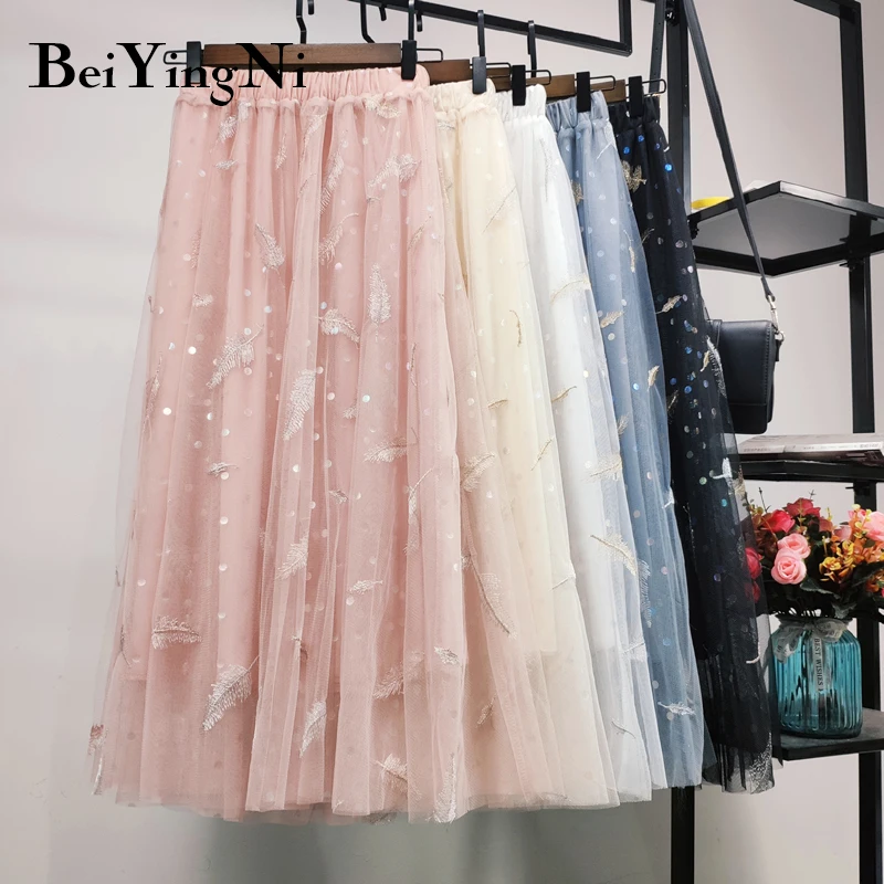 Beiyingni Tutu Skirt Women Long Korean Casual Tulle Midi Pleated Skirts Womens Pink Black White Polka Dot Embroidery | Женская одежда