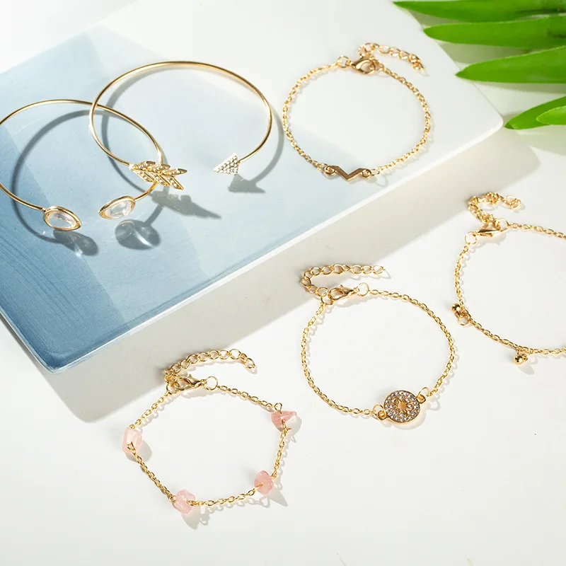 2019 Women Statement Fashion Inset Gem Gold Bracelet Bangle Circle Arrowhead Triangle Set 6/Sets Jewelry | Украшения и аксессуары