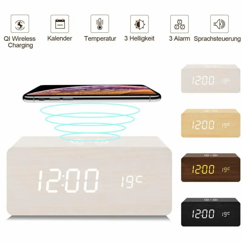 New Modern Wooden Wood Digital LED Desk Alarm Clock Thermometer Qi Wireless Charger
New Modern Wooden Wood Digital LED Desk Alarm Clock Thermometer Qi Wireless Charger