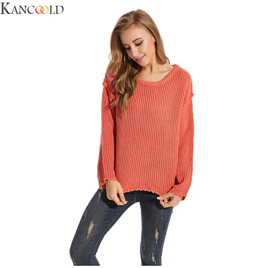 Фото Женский свитер KANCOOLD с разрезом на подоле однотонный оранжевый пуловер длинным