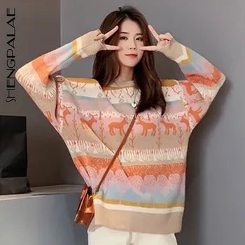 SHENGPALAE Christmas Sweater 2020 Autumn New Ladies Loose Round Neck Elk Figure Retro Jacquard Knitted Pullover Fashion ZT1442 
SHENGPALAE Christmas Sweater 2020 Autumn New Ladies Loose Round Neck Elk Figure Retro Jacquard Knitted Pullover Fashion ZT1442