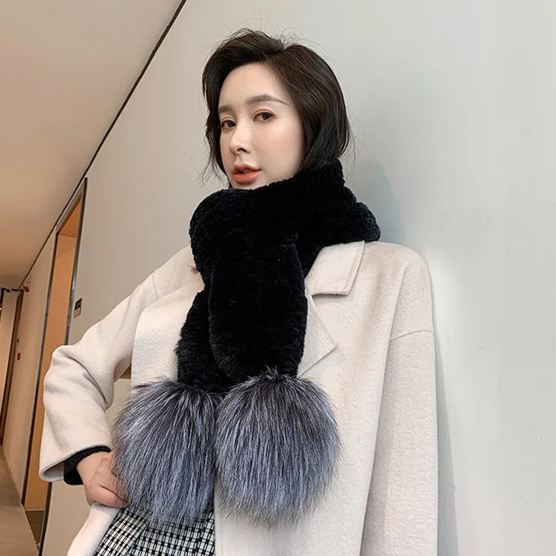 Women Rex Rabbit Fur Long Scarf Winter Fashion Muffler Silver Fox Pompom Neckerchief S7727 
Women Rex Rabbit Fur Long Scarf Winter Fashion Muffler Silver Fox Pompom Neckerchief S7727