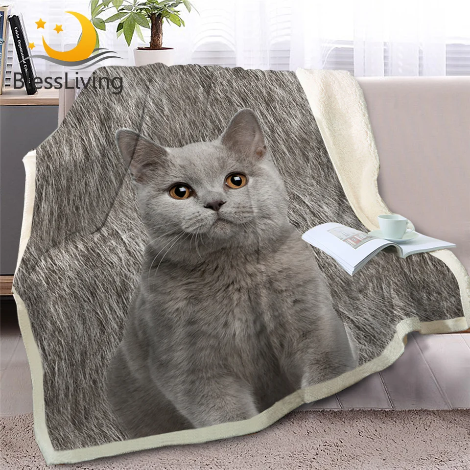 

BlessLiving British Shorthair Cat Throw Blanket on Bed 3D Animal Plush Sherpa Blanket Siamese Bedspreads Gray Cat Fur Thin Quilt