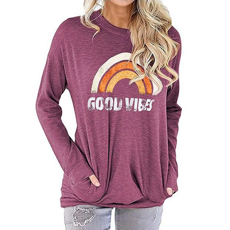 Women Long Sleeve Sweatshirt Oversized Hoodie Letter Good Vibes Printed Female Rainbow Print With Pocket Shirts Streetwear
Women Long Sleeve Sweatshirt Oversized Hoodie Letter Good Vibes Printed Female Rainbow Print With Pocket Shirts Streetwear