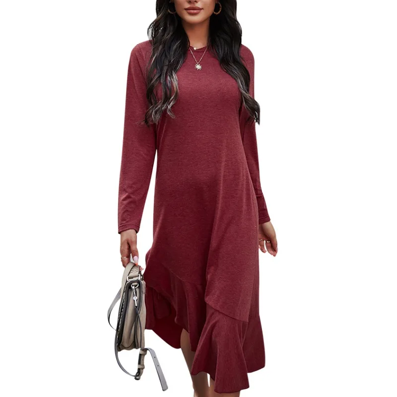 

Spring / Autumn lady's Fashion Elastic Soft Cover Head Solid Color High Waist Drape Comfortable Long Sleeve Dress Wine Red